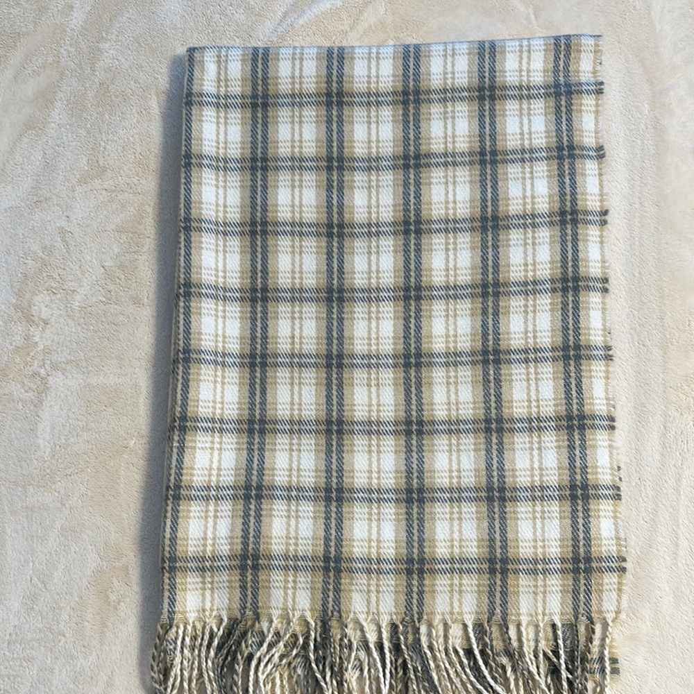 Plaid Fringe Oversized Scarf - Cream, Tan and Gray